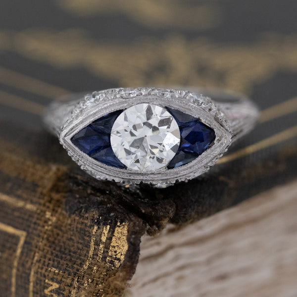 1.14ctw Art Deco Diamond & Sapphire Target Ring