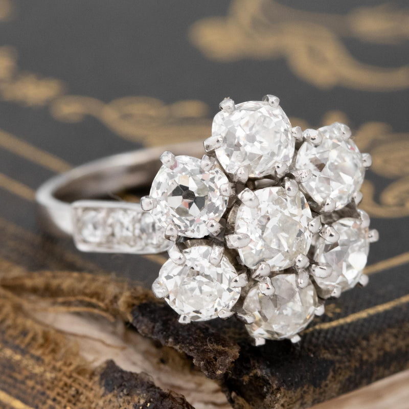 4.19ctw Antique Old Mine Cut Diamond Cluster Ring, French