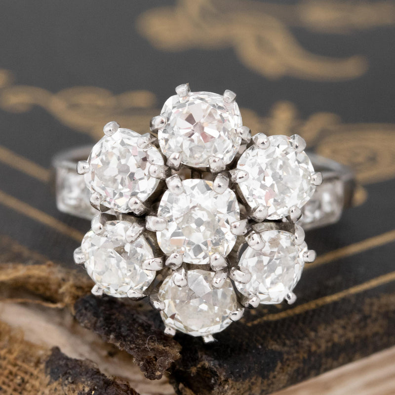 4.19ctw Antique Old Mine Cut Diamond Cluster Ring, French