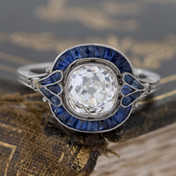 2.74ctw Old Mine Cut Diamond & Sapphire Halo Ring