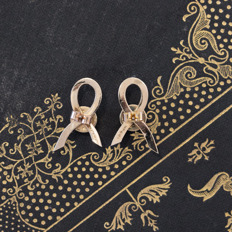 Vintage Black Star Sapphire & Gold Bow Earrings, C. 1970s