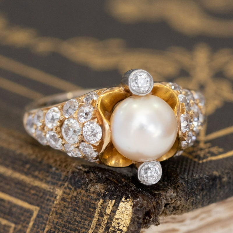 1.60ctw Vintage Pearl & Diamond Ring