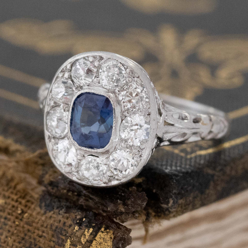 1.30ctw Sapphire & Old European Cut Diamond Cluster Ring