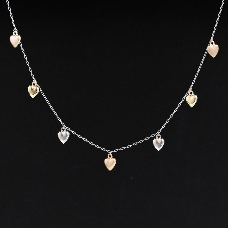Tri-Tone Puffy Heart Station Necklace