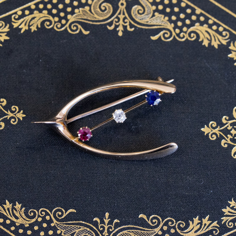 Victorian Diamond, Ruby, and Sapphire Wishbone Brooch